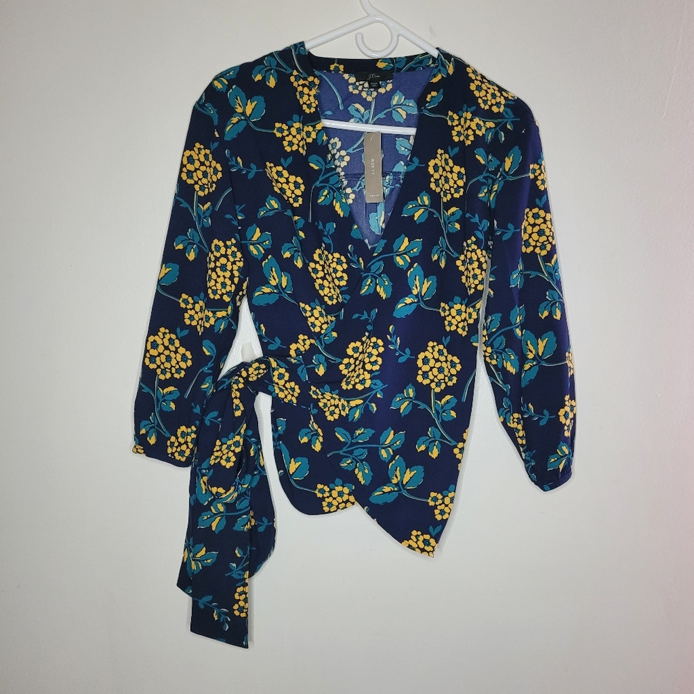 J.Crew Top Women's Floral Tie Side Size XXS Blue V-Neck Wrap Feminine Classic